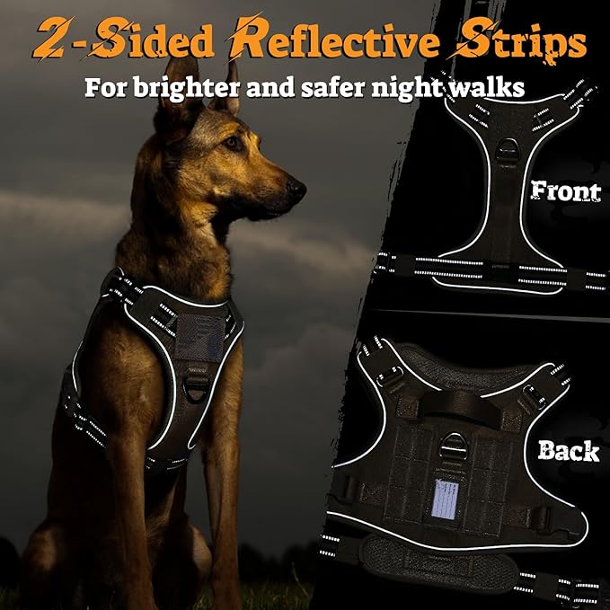 rabbitgoo Dog Harness for Large Dogs No Pull, Tactical Service Pet Vest with Molle and Control Handle, Adjustable and Reflective Military Harness for Easy Walking and Training, Brown, XL