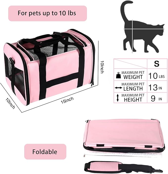 Cat Carrying Case - Pet Carrier Airline Approved, Protable and Breathable Pet Travel Carrier Removable Fleece Pad, Collapsible Cat Carrier Dog Carrier for Medium Cats Small Cats Dogs (Small, Pink)