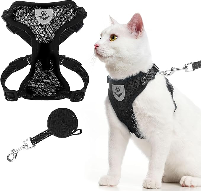 EXPAWLORER Cat Harness and Leash Set - Adjustable Escape Proof, Soft Reflective Vest Harness for Outdoor Walking, Breathable Lightweight Jacket for Small Medium Cats, Black S