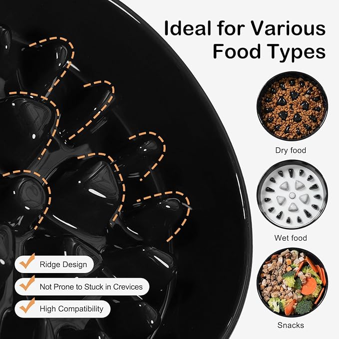 Sted Ceramic Slow Feeder Bowl for Medium Large Breed Dogs - Puzzle Food Bowl With Silicone Base for Fast Eaters, Slows Down Eating - Maze Black
