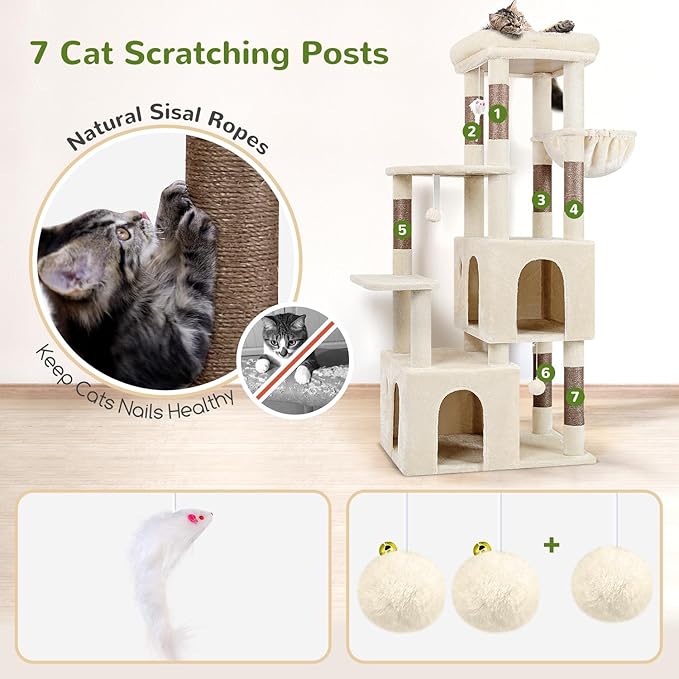 Globlazer Cat Tower for Indoor Cats, Heavy Duty Cat Trees for Large Cats Adult Big Cats Maine Coon Cat Tree Tower with Scratching Post, Extra Large Top Perch, Cat Condos, F61, Beige, 61inch