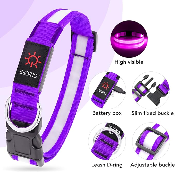 VIZPET LED Dog Collar, Light Up Dog Collar Adjustable USB Rechargeable Super Bright Safety Light Glowing Collars for Dogs (Purple, X-Large[22.83-27.55 inch/58-70cm])