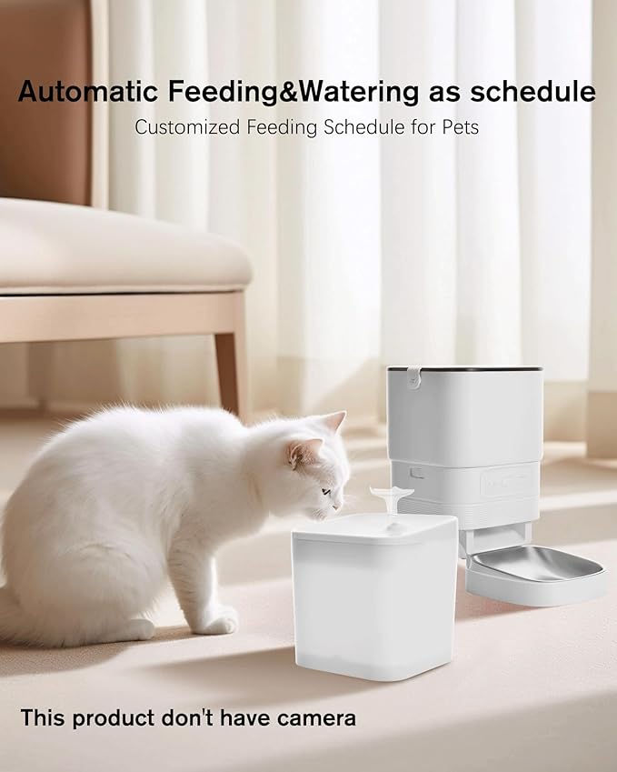 Automatic cat Feeder and Water Fountain,4L WiFi Dry Auto Pet Food and 2.2L Water Dispenser Set,Small Timed Self Feed Smart APP Feeding Stainless Steel Bowl(White)