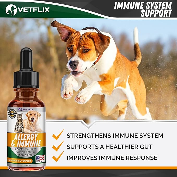 Allergy & Immune Drops for Dogs & Cats - Natural Supplement with Turmeric & Milk Thistle - Seasonal Allergy Relief & Immune Support - 2 Fl Oz