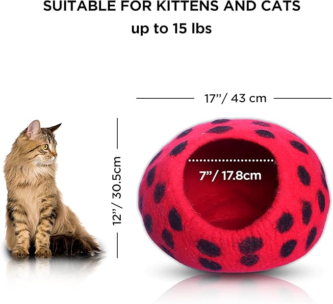 Woolygon Premium Felt Cat Cave Bed - Polka Dot Series - Wool Kitty Beds Handcrafted Kitten Caves Bed for Indoor Cats - Eco-Friendly Merino Wool, Foldable Cat Hideaway Cat Houses (Red/Black Dots)