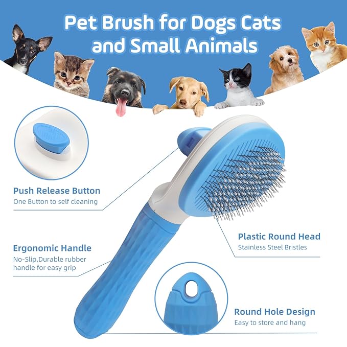 Self Cleaning Cat Brush,Slicker Dog Brush for Shedding,Skin Friendly Cat Brushes for Indoor Cats Massage Grooming,Dog Deshedding Brush for Long&Short Haired Dogs Loose Fur Hair Removal Blue