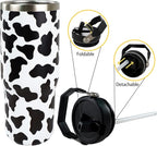30oz Cow Print Tumbler with Handle and Straw, Stainless Steel Vacuum Insulated Coffee Tumbler, Travel Mug Water Bottle, Cow Stuff Accessories Decor, Cow Gifts for Women