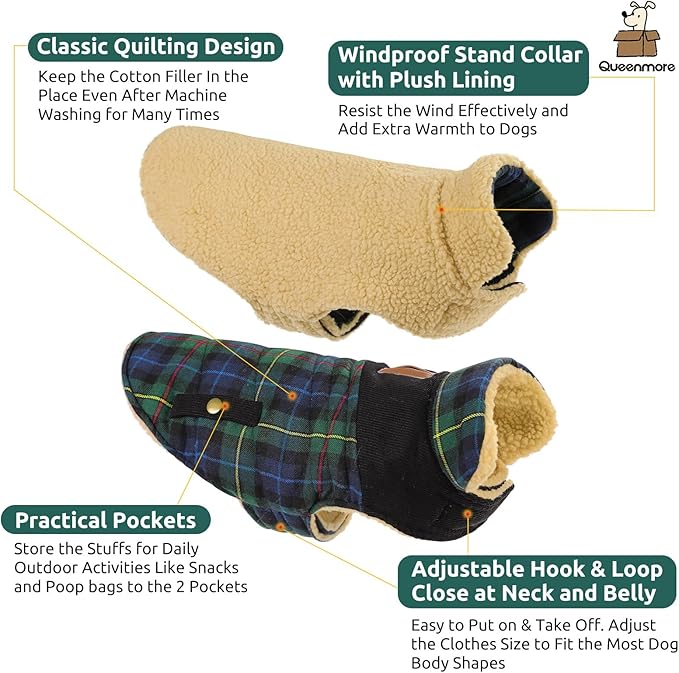 Queenmore Dog Winter Coat Warm Dog Jacket for Cold Weather, Quilting Puffer Plaid Coats for Small/Medium Dogs Waterproof,Girl/Boy Pet Christmas Coat,Pet Snowsuit with Leash Hole/Fleece Padding, M