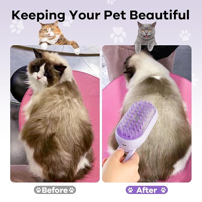Cat Steam Brush for Shedding, 4 in 1 Brushs with Foldable Handle, Steam Brushs for Cats, Spritz Defur Comb for Cats, Water Brush for Cat, Pet Spray Hair Removal Comb (purple)