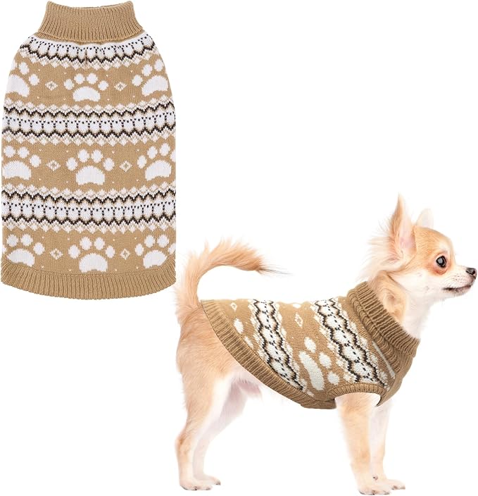 KOOLTAIL Cable Knit Dog Sweater Turtleneck, Cold Weather Pullover Classic Knitwear, Cute Paws Pattern Thick Warm Winter Pet Clothes, Dog Christmas Sweater for Small Medium Large Dogs Cats, Khaki S