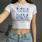 Y2k Baby Tees for Women Cute Cat Lady Era Graphic Grunge Crop Tops Vintage T Shirts Retro Aesthetic Tee Top
