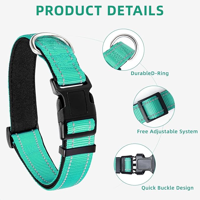 Reflective Dog Collar, Soft Neoprene Padded Nylon Pet Collar with Quick-Release Buckle, Adjustable for Mediunm Dogs,Teal,M, 1" Width