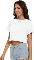 Womens Summer Crop Tops Short Sleeve Round Neck T-Shirts Loose Fit Casual Blouse