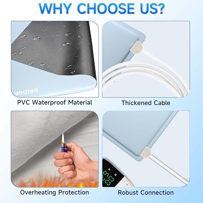 Pet Heating Pad, Dog Heating Pad, Waterproof Adjustable Temperature Indoor Cat Heating Pad with Timer, 86℉-140℉ Easy to Clean Heating Pad, Cloth Cover Included - 19.68" x 25.6" Medium