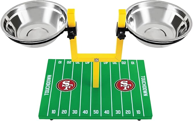 NFL San Francisco 49ers Goalpost Football Field Dog Feeder – Adjustable Elevated Dog Bowls with Stand, 2 Stainless Steel Bowls, Non-Slip Rubber Feet, Raised Pet Feeder for Large & Small Dogs, Cats.
