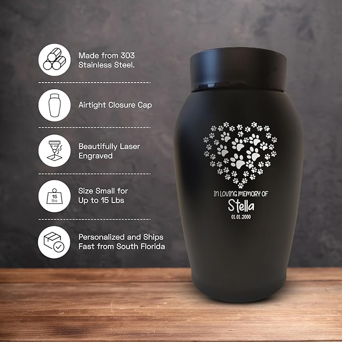 Personalized Custom Small Keepsake Urn Engraved with Pet Name, Date and Cat Design - 5.2" Black Powder Coated Steel Cremation Urn for Cat Ashes | 12-16 lb Capacity, Paws in Heart Pattern