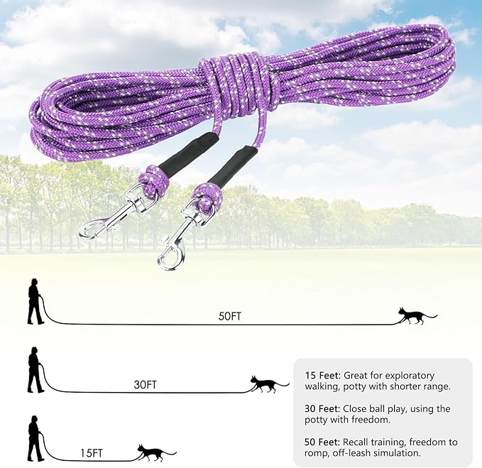 Rypet Reflective Cat Long Leash - 15 FT Escape Proof Walking Leads Yard Long Leash Durable Safe Personalized Extender Leash Traning Play Outdoor for Kitten, Puppy, Rabbit and Small Animals(Purple-S)