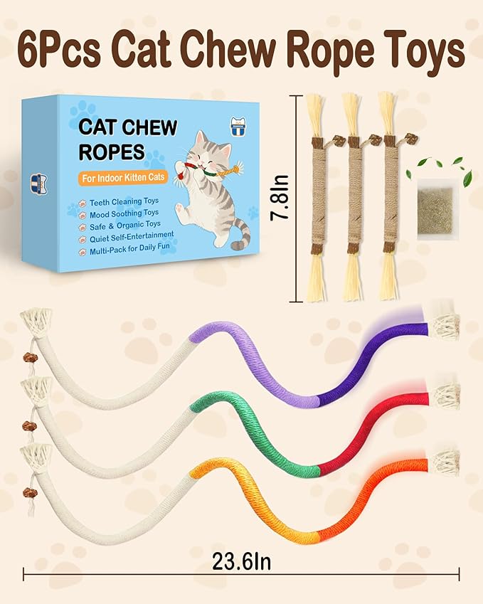 Cat Chew Rope Toys 6Pcs with Catnip, Indoor Cat Teething Toys for Kittens, Interactive Catnip Kitty Toys for All Breeds (3PCs Chew Rope & 3PCs Silvervine Sticks)