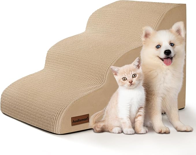 3-Step Dog Ramp and Stairs for Sofa and Chair - Non-Slip Sturdy Pet Steps for Small Dogs and Cats,15.7" H,Khaki