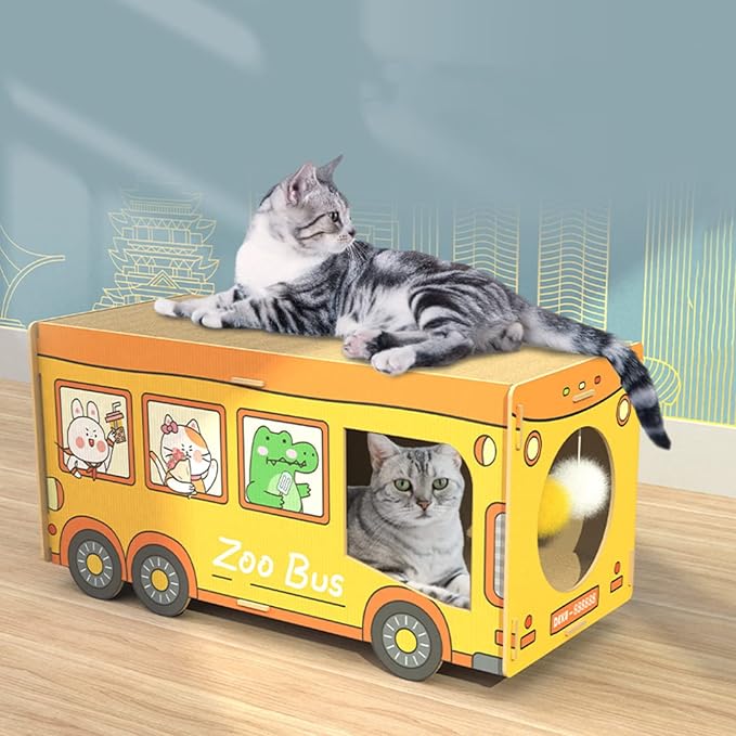 SHENGOCASE Wooden Jumbo 26.4" x 11.8" Extra Large Bus Shaped Cat Scratcher House for Big Cat Maine Coon, Cardboard Cat House with Scratching Pad for Indoor Cats