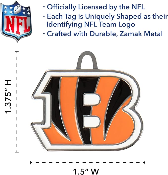 NFL Cincinnati Bengals Engraving Pet ID in 32 Team Logo Shapes - Personalized Dog and Cat Tags With 3 Lines of Customizable Text for Tracking & Safety - Stainless Steel