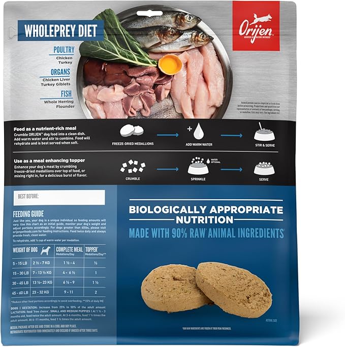 ORIJEN Grain Free High Protein Freeze Dried Dog Food & Topper Original Recipe 16oz Bag