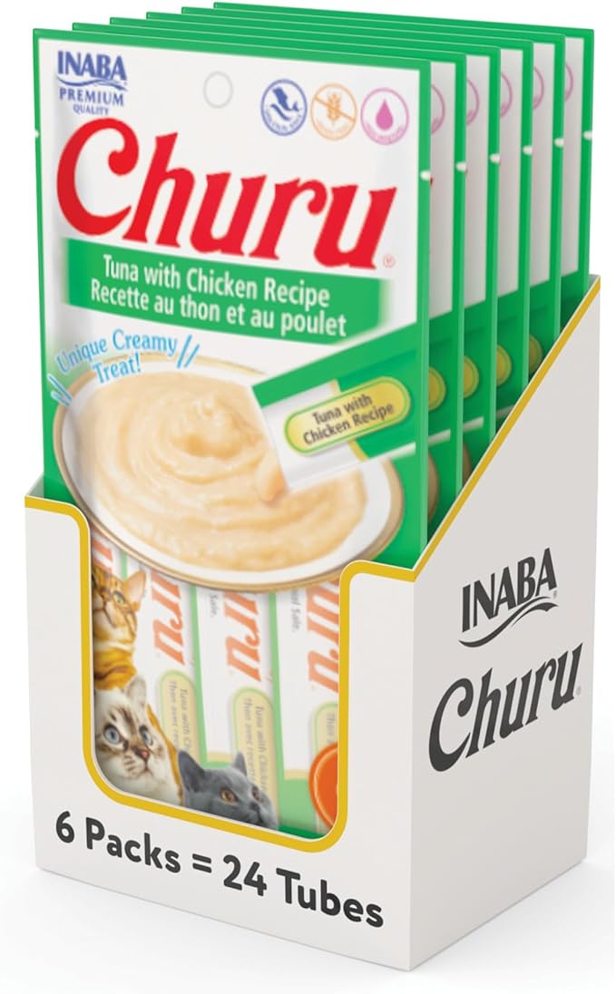 INABA Churu Cat Treats, Grain-Free, Lickable, Squeezable Creamy Purée Cat Treat/Topper with Vitamin E & Taurine, 0.5 Ounces Each Tube, 24 Tubes (4 per Pack), Tuna with Chicken Recipe