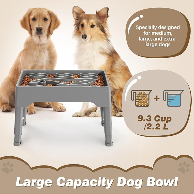 Slow Feeder Dog Bowls Large Breed, 9 Cups Elevated Dog Slow Feeder Bowl with 4 Adjustable Heights, Non Slip Anti Gulping Pet Food Bowl Stand for Medium & Large Breed