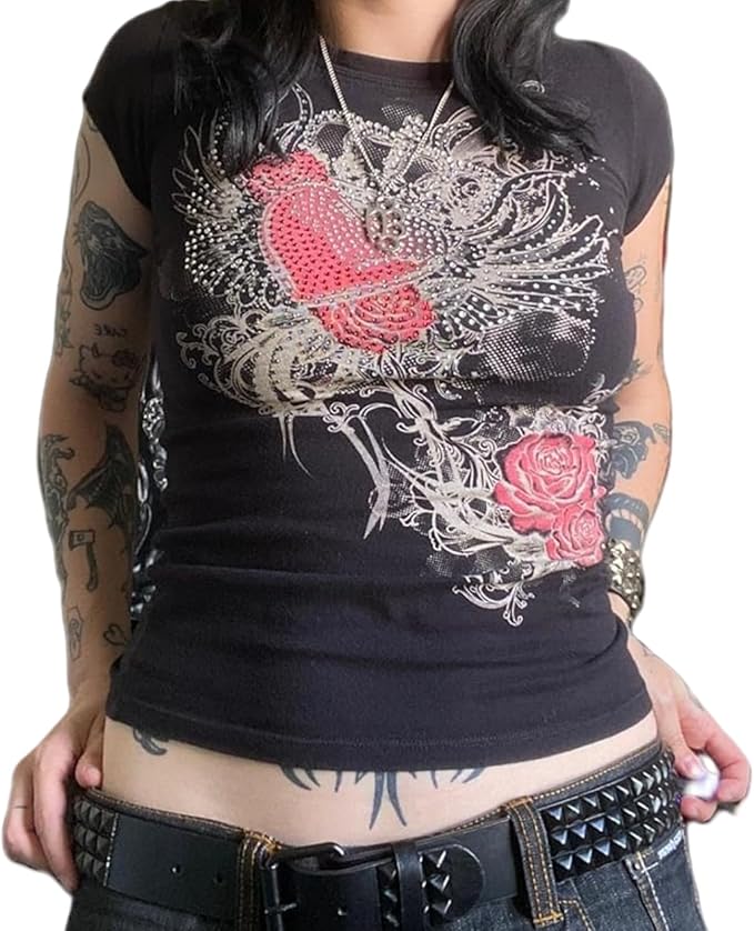 Women Y2K Graphic T-Shirts Summer Short Sleeve Punk Gothic Tee Tops Vintage 90s Aesthetic Emo Clothes Streetwear