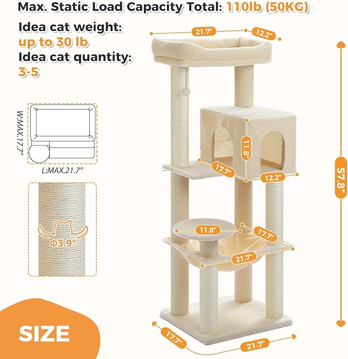 PETEPELA Cat Tree for Large Cats up to 30 lbs, 58" Heavy Duty Cat Tower with Reinforced Scratching Posts[ φ3.1”], Large Hammock, Spacious Condo & Top Perch, Sturdy Cat Furniture for Maine Coons, Beige