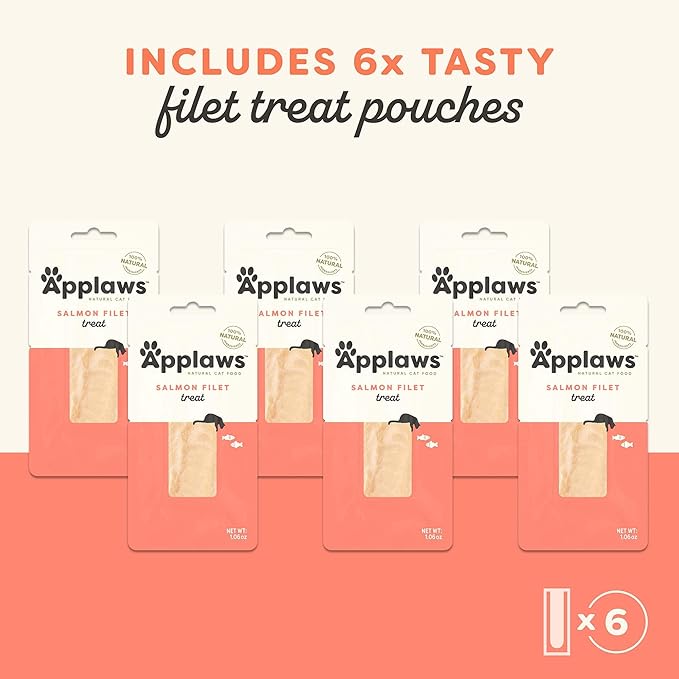 Applaws Natural Cat Treats, Grain-Free, Single Ingredient, Whole Protein Fillet, Healthy Snacks with No Artificial Additives (6 x 1.06oz Whole Salmon Loin)