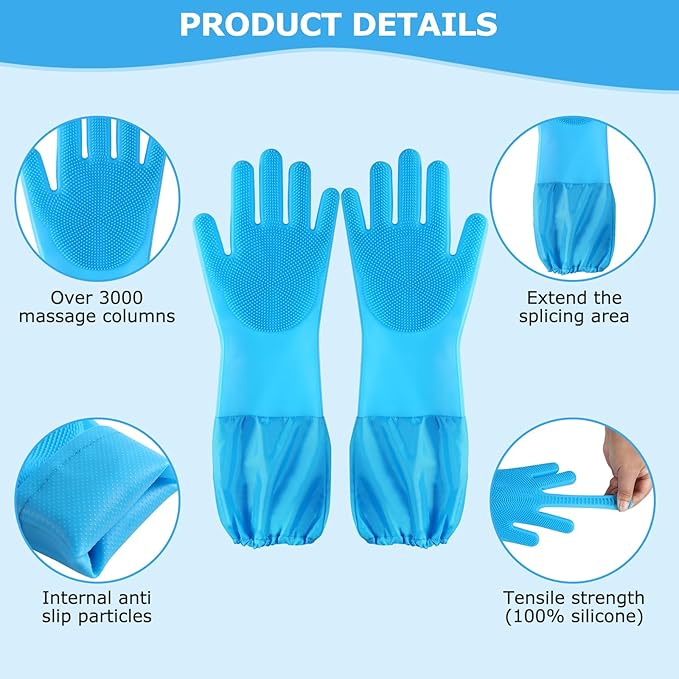 Dog Washing Gloves | Pet Grooming Gloves | Extra Long Arms (17.3") for Cats & Dogs | Massage & Hair Removal Pet Glove(Blue)