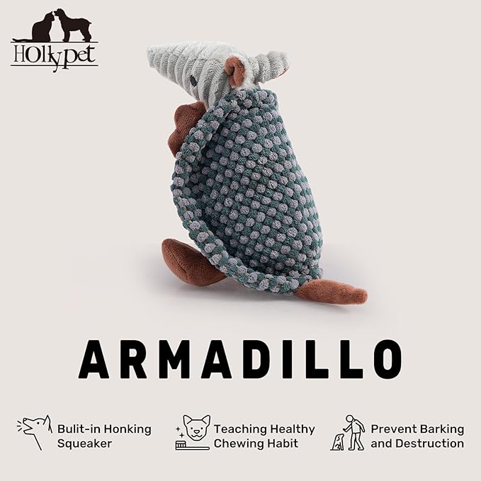Hollypet Plush Dog Squeaky Toy Stuffed Armadillo Animal Pet Puppy Chew Toys with Clean Teeth for Small Medium Large All Breed Sizes Dogs, Light Gray and Dark Green,8 in