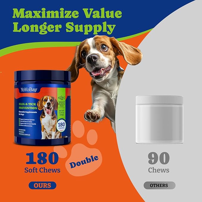 Flea and Tick Prevention for Dogs Chewable - 180 Soft Chews, Salmon & Blueberry Flavor - Dog Flea and Tick Treatment Chewable, Natural Defense- Dog Immune Support Supplement