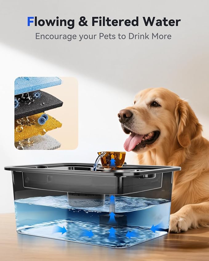 Dog Water Fountain for Large Dogs Stainless Steel 3 Gallon Big Pet Drinking Fountain with Filter, Electric Cat Watering Dispenser with Large-Filtration Area & Deeper Drinking Super Quiet
