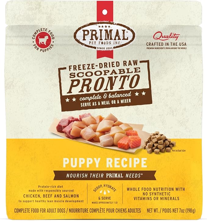 Primal Freeze Dried Puppy Dog Food, Pronto Mini Nuggets; Scoop & Serve, Complete & Balanced Meal; Also Use As Topper or Treat; Premium, Healthy, Grain Free, High Protein Raw Dog Food (7 oz)