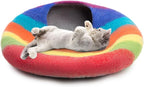Woolygon Premium Felt Cat Cave Bed – Wool Kitty Beds Handcrafted Kitten Caves Bed for Indoor Cats - Made from 100% Eco-Friendly Merino Wool, Foldable Cat Hidewawy Covered Cat House Pod (Rainbow Twist)
