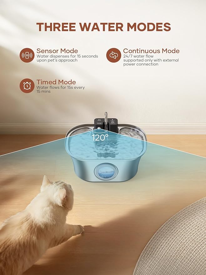 Cat Water Fountain Wireless: Battery Operated Stainless Steel 108oz/3.2L Cat Fountain, Automatic Cordless Pet Water Fountains with Motion Sensor Indoor, Easy Clean, for Cats, Dogs, Multiple Pets