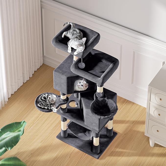 MoNiBloom Cat Tree, 58 Inch Cat Tree Tower with 2 Cat Condo, Cat Tower with Scratching Post, Cat Climbing Tower with 3 Hammock, Cat Tree for Indoor Cats, Somky Grey