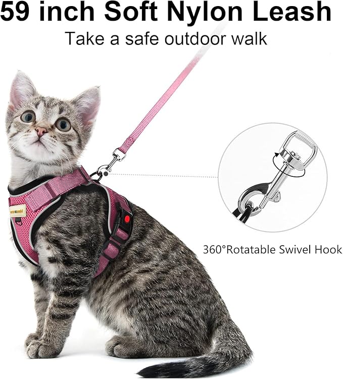 Cat Harness and Leash for Walking, Retractable Cat Harnesses and Leash Set Escape Proof, Breathable Soft Kitten Small Large Harness for Travel Training and Walking, Pink, M