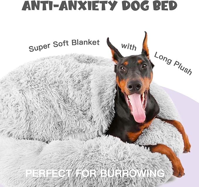 Himax Dog Beds for Large Dogs, Donut Dog Beds with Blanket, Cozy Soft Fluffy Round Dogs Beds, Washable (20"/26"/35") Light Grey