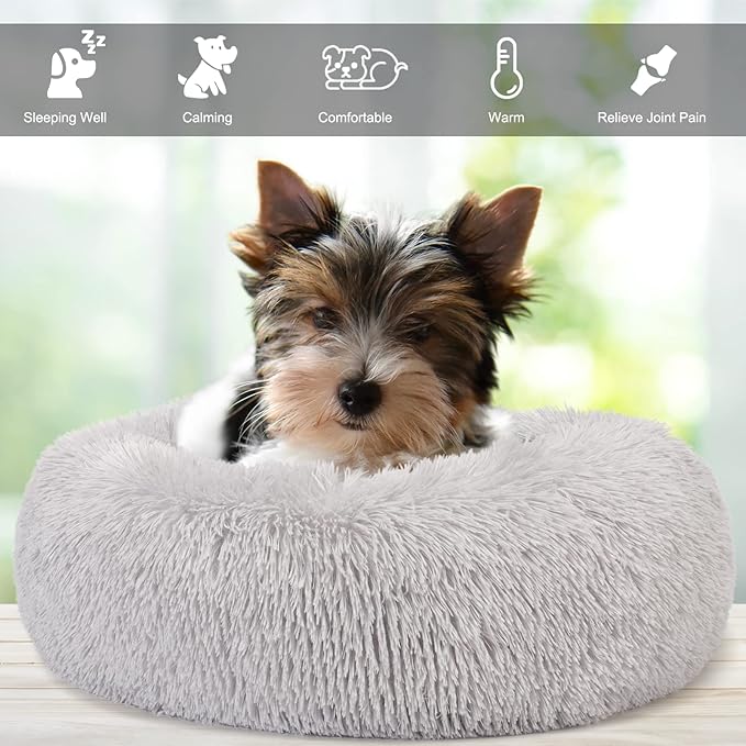 Extra Small Dog Bed Cute Grey Dog Bed Washable 19 inches Donut Fluffy Small Pet Beds,Calming Anti Anxiety Round Fits up to 10 lbs Soft Warm Pets Beds for Puppy Dogs Indoor