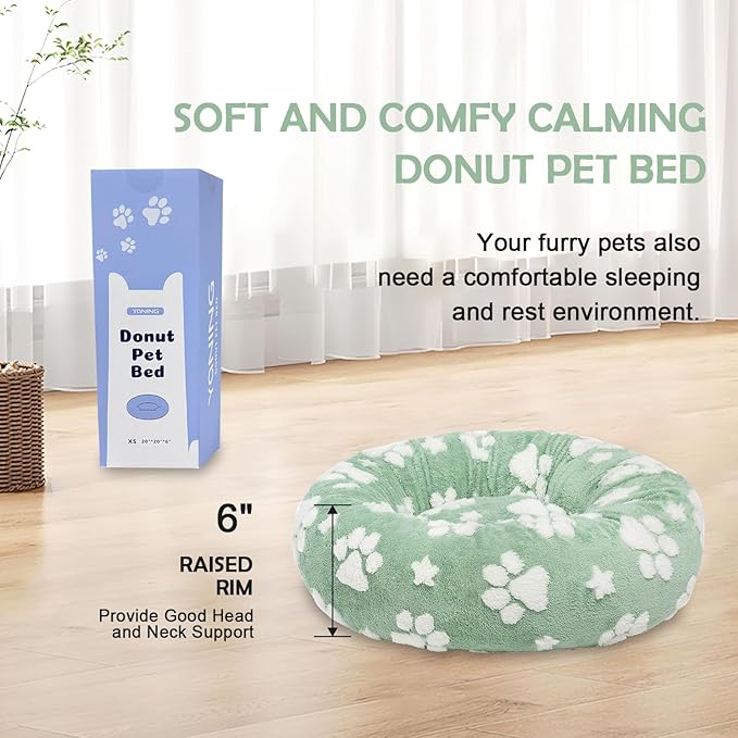 Donut Dog Beds for Small Dogs, Calming Round Cat Beds for Indoor Cats, Cute 3D Textured Paw Pet Bed with Removable Washable Cover and Anti-Slip Bottom（Green，20"）