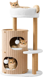 Modern Cat Tree for Indoor Cats, 36in H Cat Condo Tower with Scratching Posts, Cozy Cat Bed Cave, Washable Cushions, Dangling Balls, Play & Nap Structure for All Breeds of Cats, Brown & White