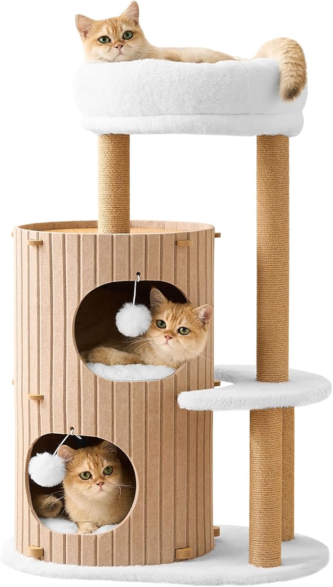 Modern Cat Tree for Indoor Cats, 36in H Cat Condo Tower with Scratching Posts, Cozy Cat Bed Cave, Washable Cushions, Dangling Balls, Play & Nap Structure for All Breeds of Cats, Brown & White