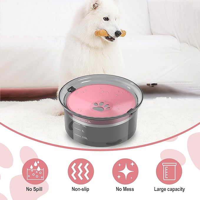 2L Dog Water Bowl Large Capacity Slow Water Feeder, No Spill Dog Bowl Splash Proof Pet Water Dispenser,Vehicle Carried Travel Water Floating Bowl for Dogs/Cats/Pets (Pink)