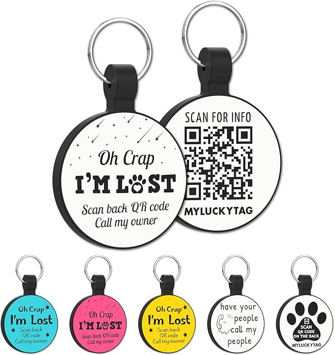 MYLUCKYTAG QR Code Silicone Dog Cat ID Tag - Online Pet Profile, Pet Location Alert Email - Durable Dog Collar Tag
