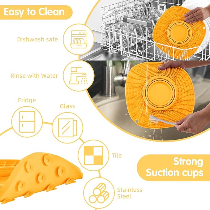 Lick Mat for Small Dogs and Cats with Suction Cups, Silicone Slow Feeder Lick Pad with Collapsible Bowl for Anxiety Relief, Pet Puzzle Treat Mat for Bathing Grooming Trimming (Yellow)