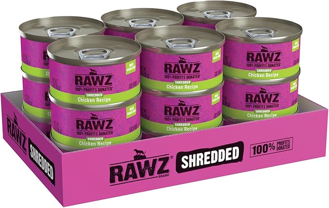 Rawz Natural Premium Shredded Canned Cat Wet Food - Grain Free Made with Real Meat Ingredients No BPA or Gums - 3oz Cans- 18 Count (Chicken)