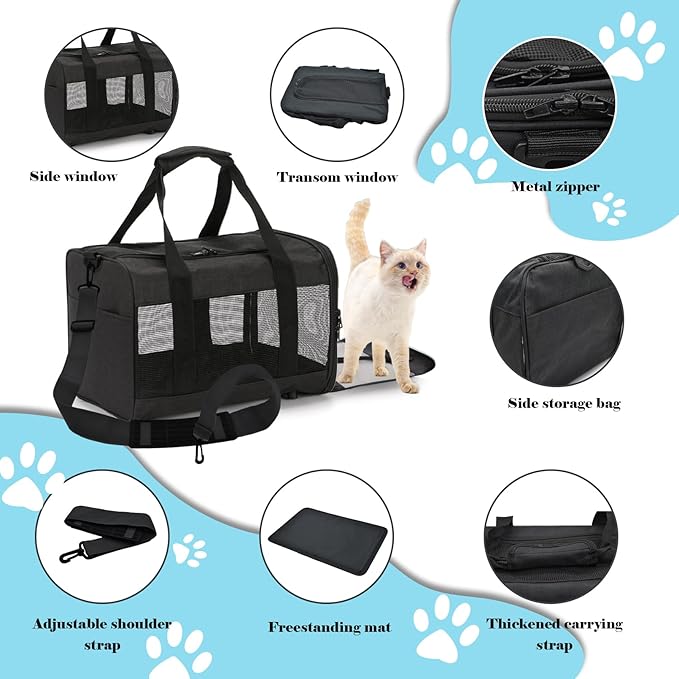 Travel Carrier for Cats,Cat Soft-Sided Carriers Ventilated Breathable Foldable Kitten Carrier Soft Airline Approved Carrier for Small Dogs Kitty Puppies Under to 12 Lb(Black)
